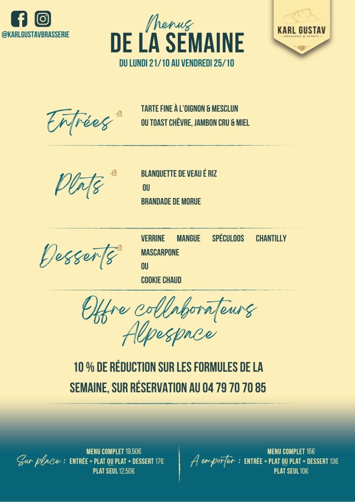 Menu de la semaine du 07 au 11 octobre 2024 - Karl Gustav Brasserie